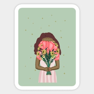 Cute girl holding a floral bouquet in a pink dress | pink and green Sticker